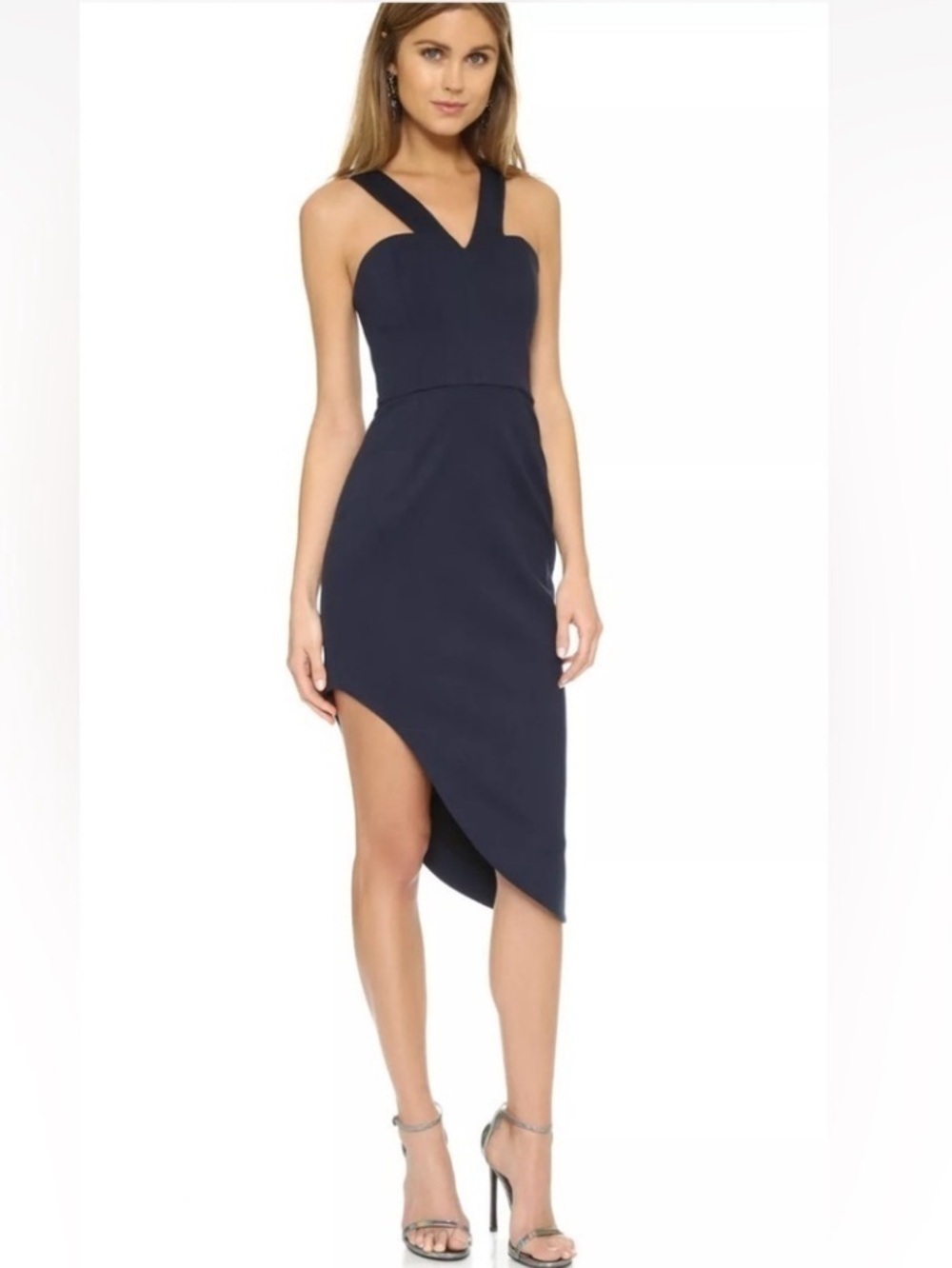 NWT Nicholas Navy Ponte Midi Cocktail Dress Asymmetrical Hem US 2 AU 6